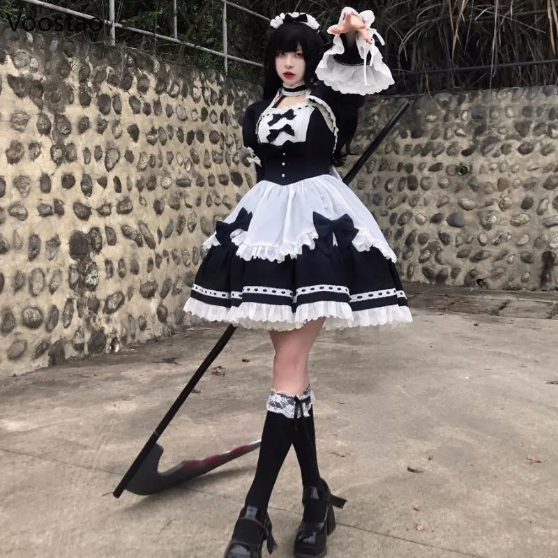 Japanische Gothic Lolita OP Kleid Vintage Mädchen Dark Spitze Rüschen Bogen Maid Party Kleider Frauen Süße Prinzessin Schwarz Weiß Kleid