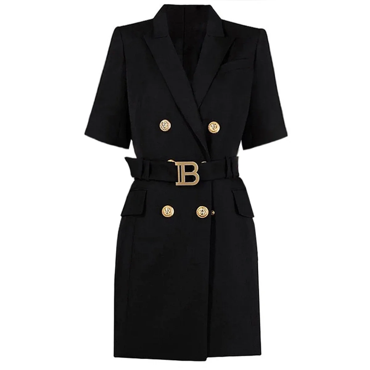 Elegant Solid Polo Neck Short Sleeve Dress With B Buckle Belt Slim Fit Office Commuter Women Dress