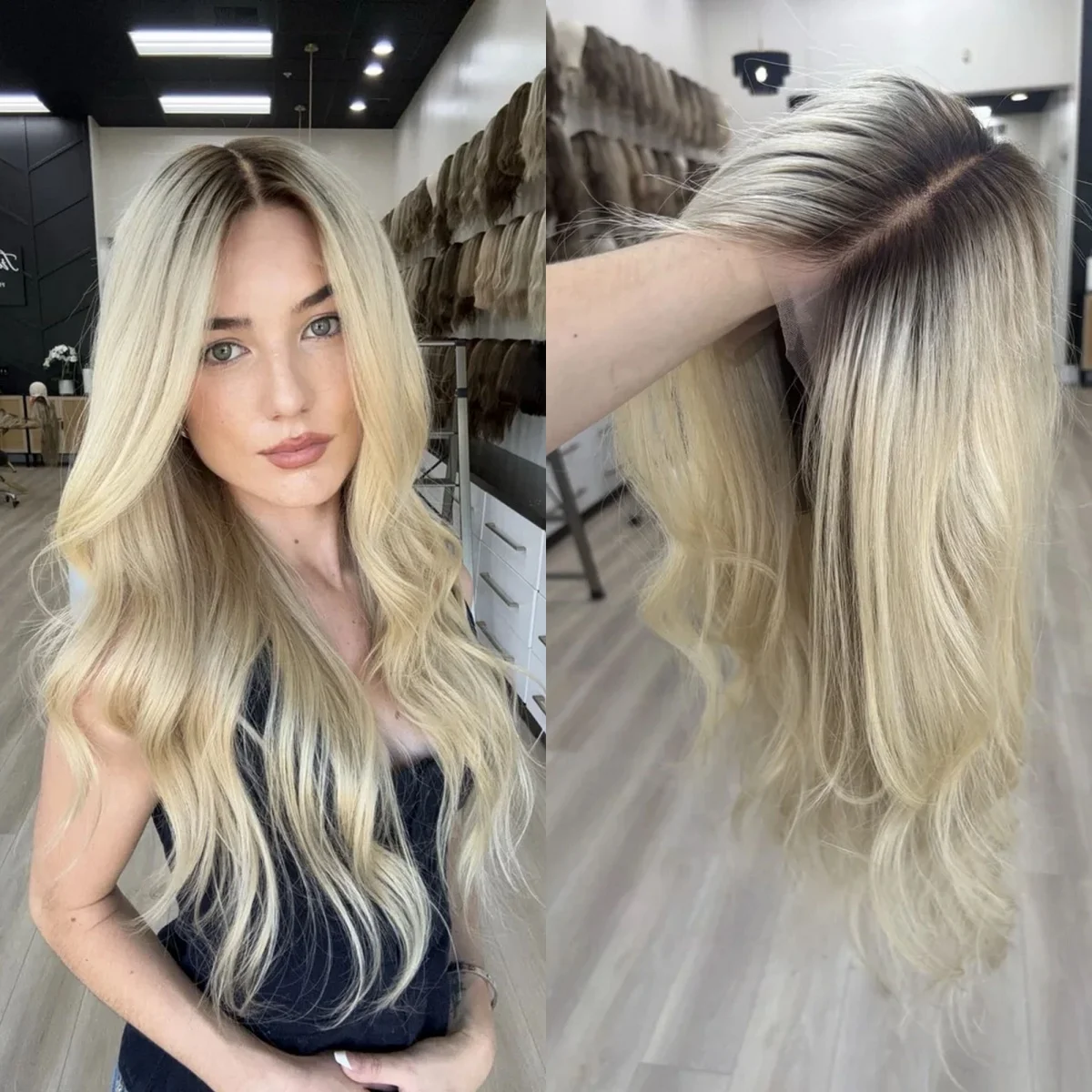 

Middle Parting Hair Long Body Wave Glueless Wigs Synthetic Hair Shadow Roots Ombre Light Blonde 13*4 HD Transparent Lace Wigs