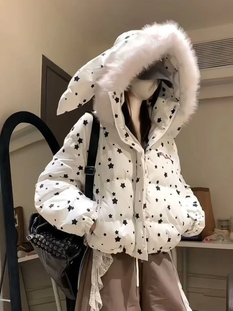 

Женский элегантный пуховик с капюшоном и кроличьими ушками, корейская модная зимняя парка, повседневное свободное теплое пальто