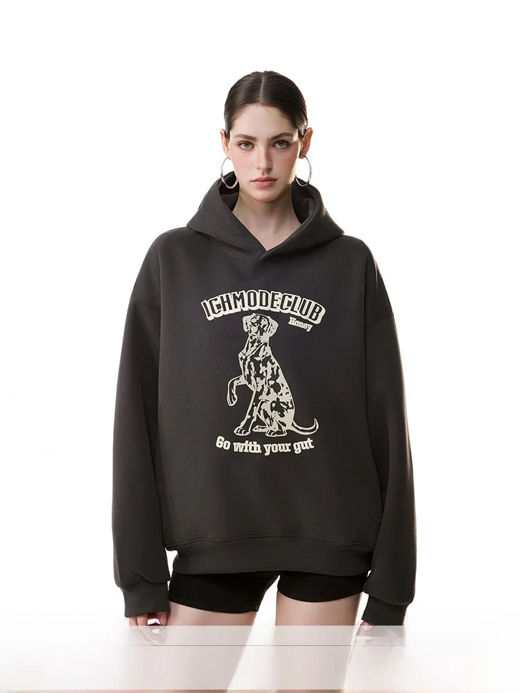 Ichmode Fleece Lined 3D Spot Dog Hoodie Women's Loose Casual Versatile Jacket Autumn 2026 New Style Cotton Polyester Blend