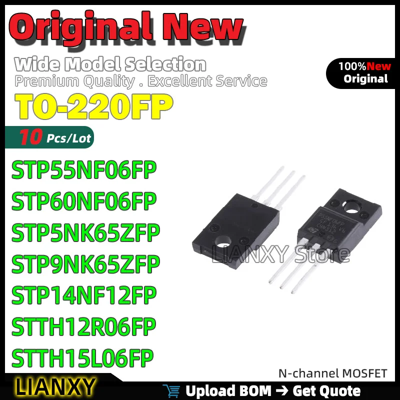 10pcs TO-220FP STP55NF06FP STP60NF06FP STP5NK65ZFP STP9NK65ZFP STP14NF12FP STTH12R06FP STTH15L06FP N-channel MOSFET New Original