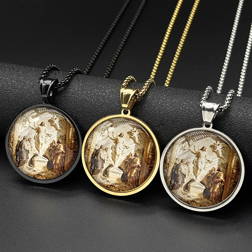 Resurrection of Jesus Glass Cabochon Medal Pendant Necklace Women Men Stainless Steel Gold Color Christian Amulet Chain Jewelry