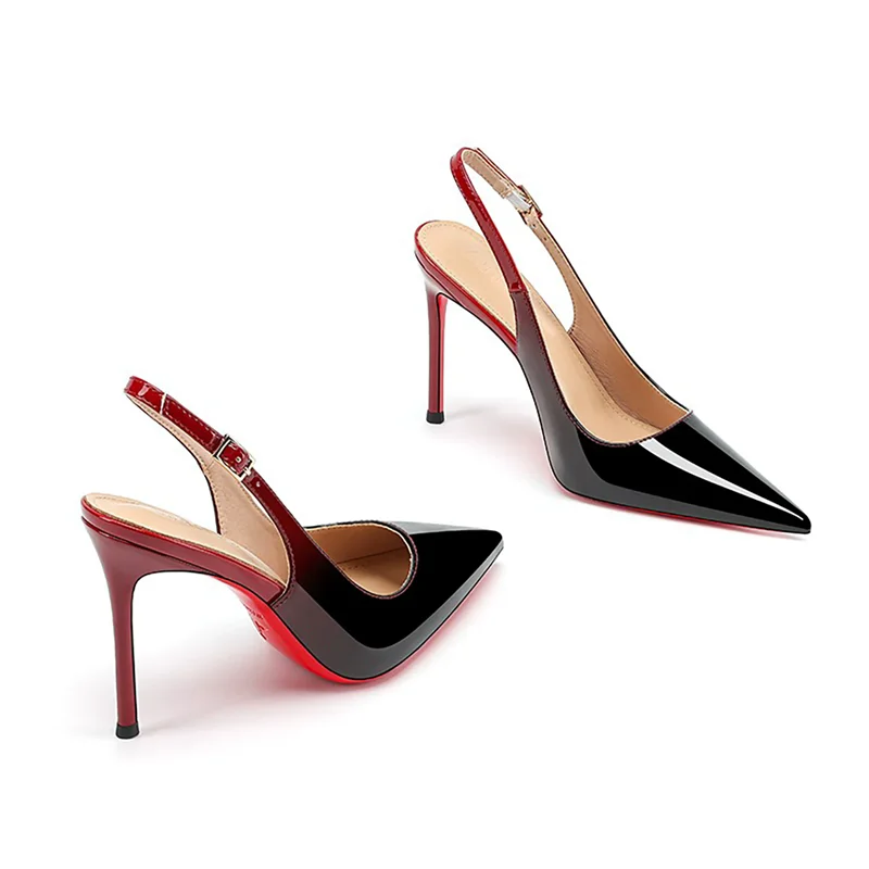 Spring and summer new pointed toe patent leather color block single shoes banquet small size thin heel high-heeled women sandals