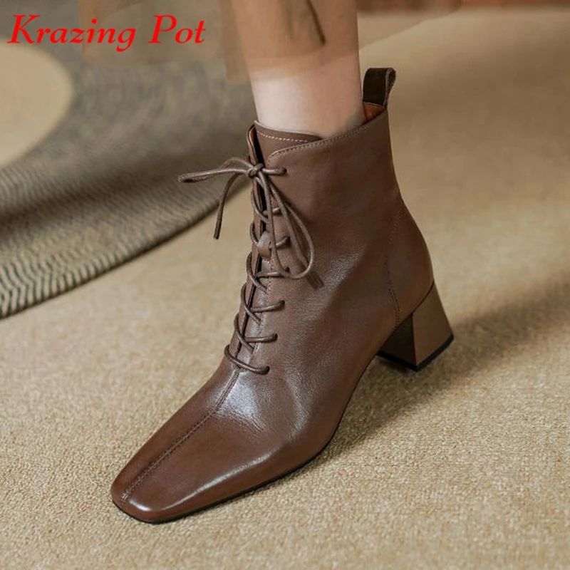 

Krazing Pot Cow Leather Square Toe Winter Spring Warm Chelsea Boots Thick Med Heels Lace Up Vintage Color Luxury Ins Ankle Boots