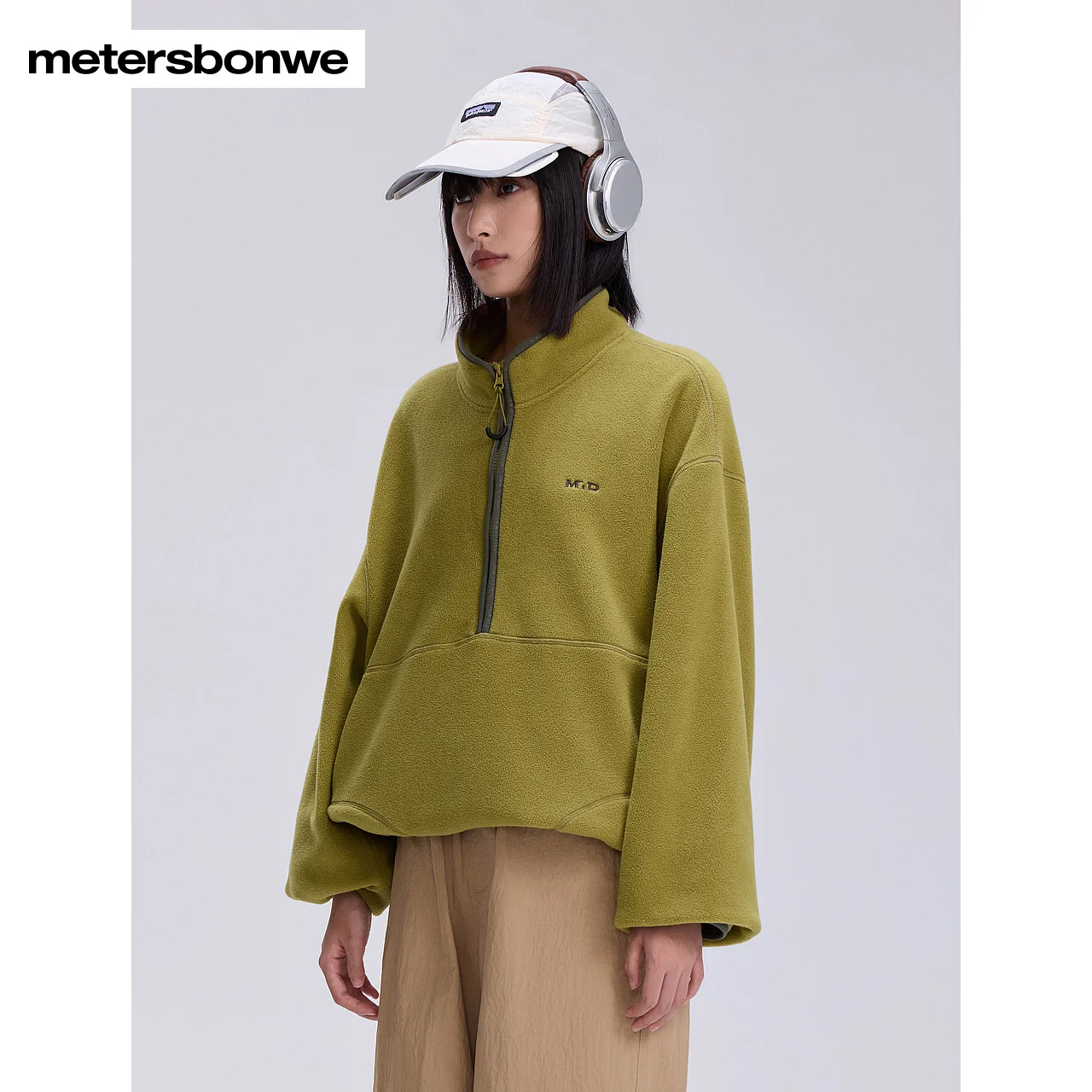 Metersbonwe-Men Women's Half-Open Stand-Collar Fleece Crewneck Pullover Color Clash Soft Comfortable Casual Wear. Autumn Winter