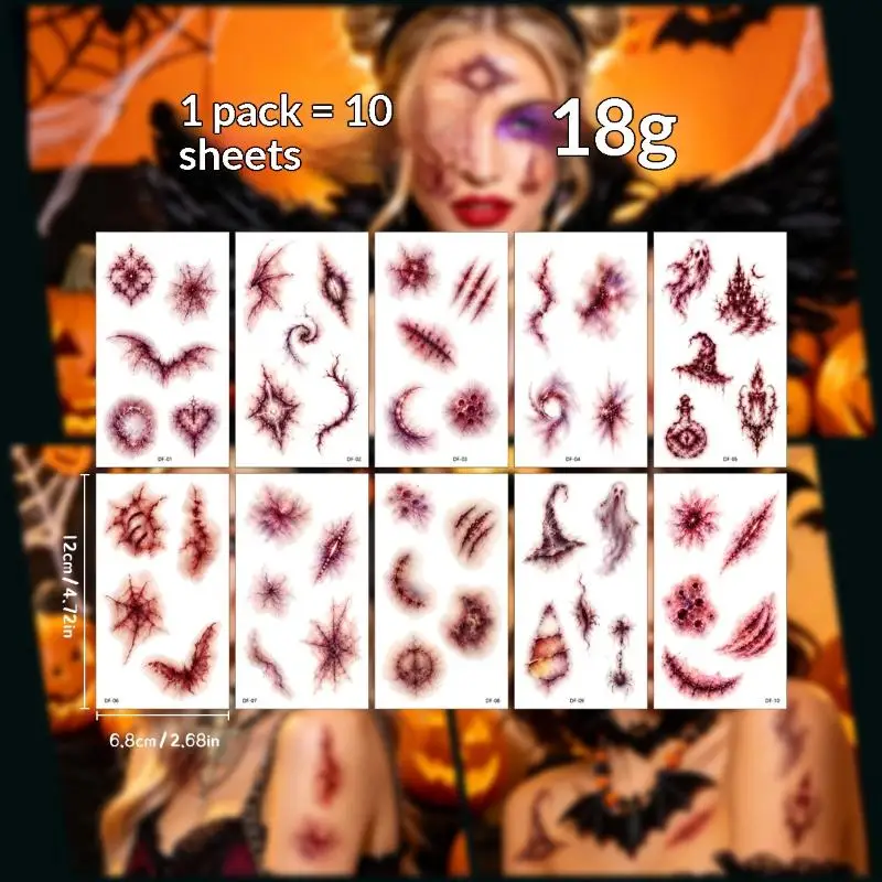 10 Sheets Halloween Bruise Scar Cosplay Temporary Tattoos Waterproof Realistic Party Prank Makeup