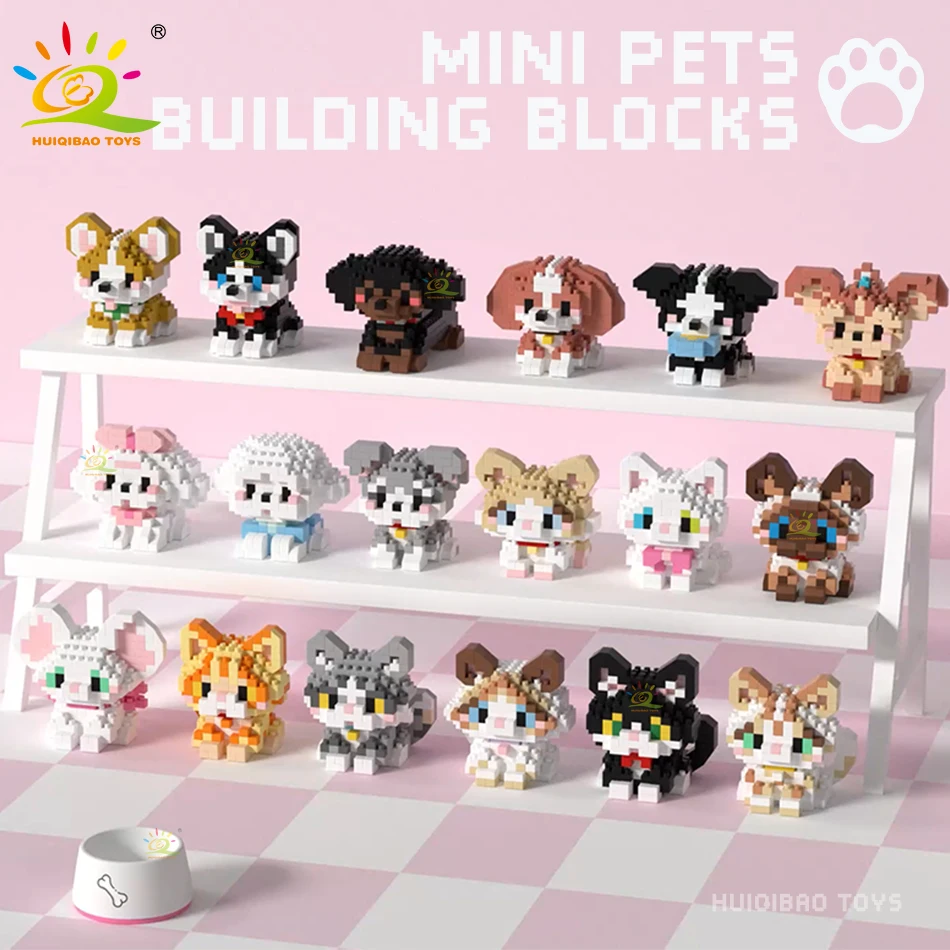 HUIQIBAO-Mini bonito Pet Dog Cat Micro Model Building Block Set, Kids City Cartoon Animal, Diamond Bricks, brinquedos educativos para adultos