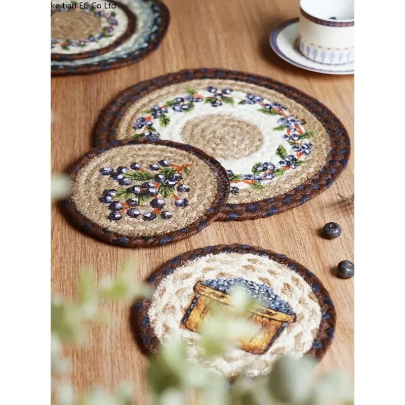 16-32cm American retro creative Blueberry round placemat Handmade jute woven coaster Luxury table placemat Insulated pot Mat