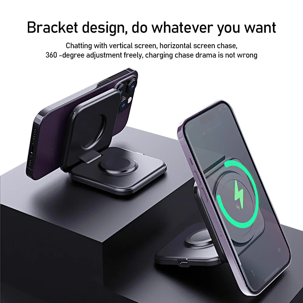 Magnetic Wireless Charger 3 in 1 Magsafe Fast Charging Station Foldable Phone Holder Stand for iPhone 16 15 Apple Watch Airpods