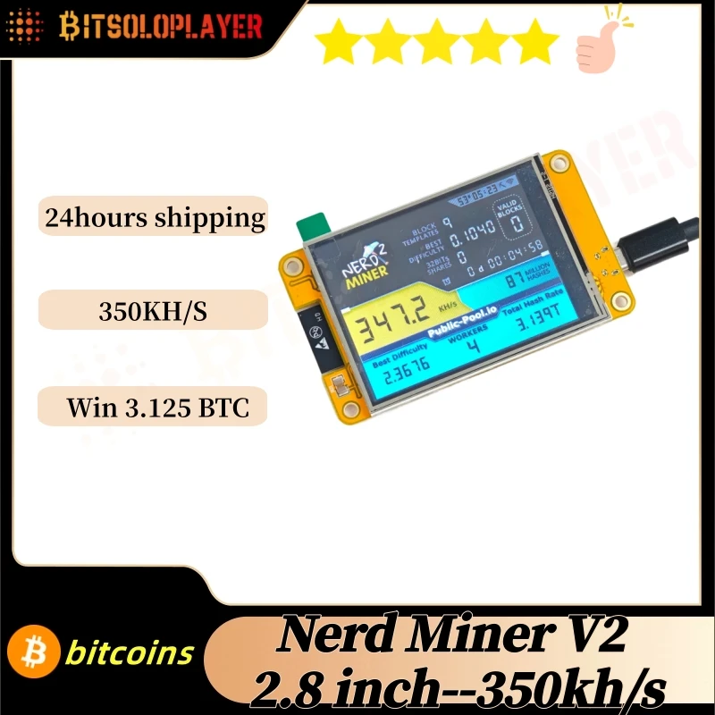 BTC Nerd Miner V2.0 2,8 polegadas ESP32 Smart Touch Display BTC Solo Miner56kh/S Win 3.125 Bitcoin Lottoy miner