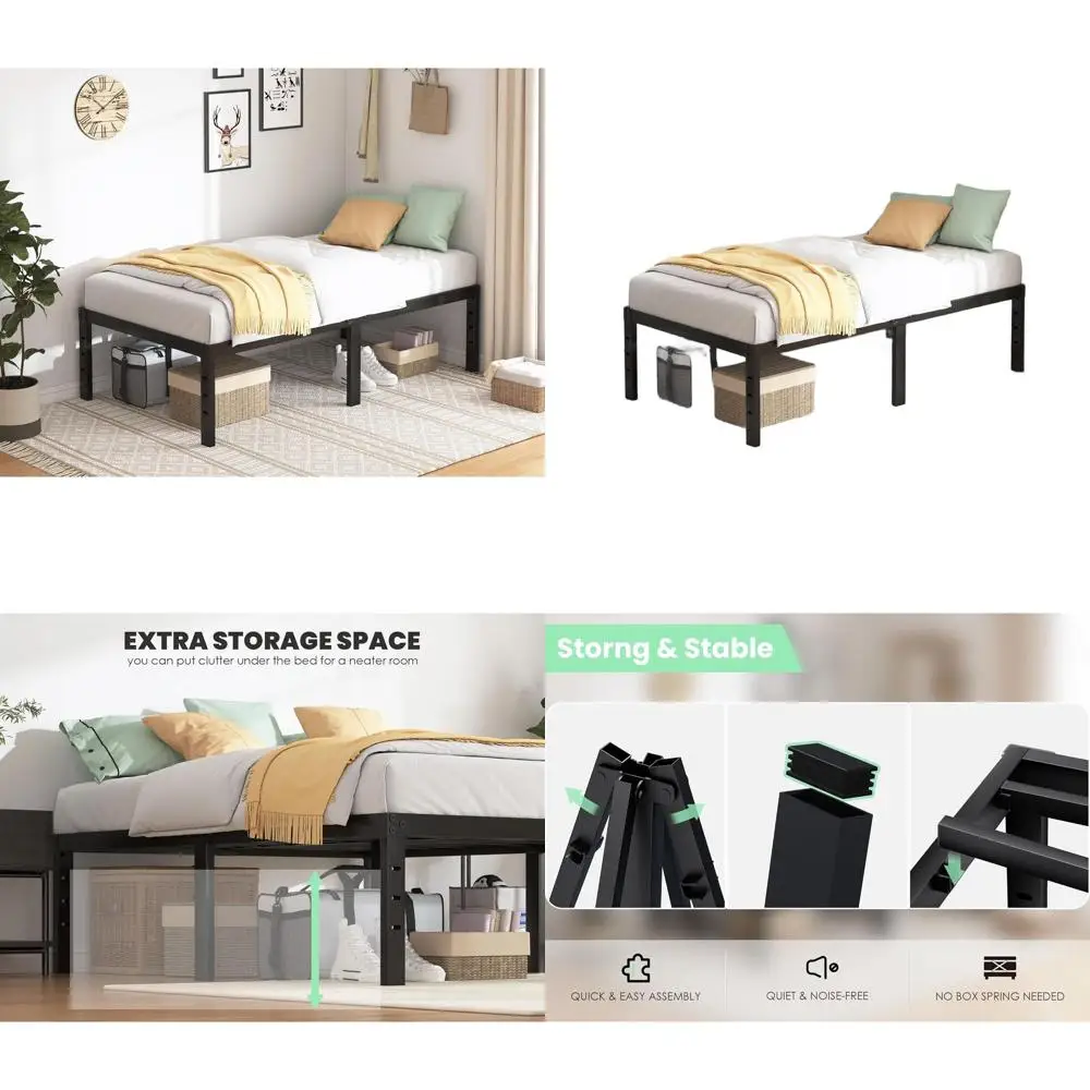 

Прочный каркас кровати с двумя платформами высотой 18, прочный металл, коробчатая пружина не требуется, простая сборка, бесшумный, черный