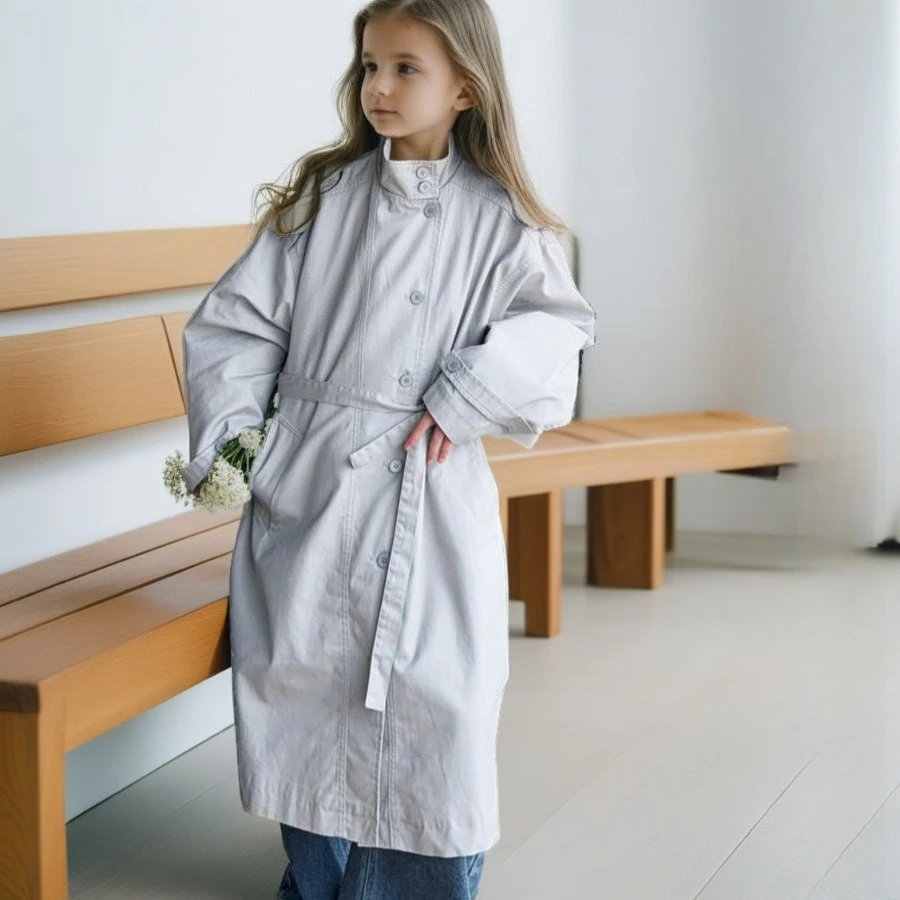 

Тренч для девочек-подростков, осеннее длинное пальто, серое повседневное универсальное детское ветровка с воротником-стойкой, верхняя одежда для детей 4-15 лет, британский стиль