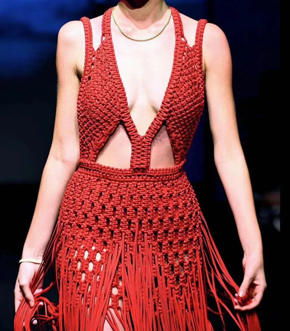 Beachapche Women Sexy Tassels Long Dress Celebrate Macrame Dress Beach Vacation Party Dress High Qualit