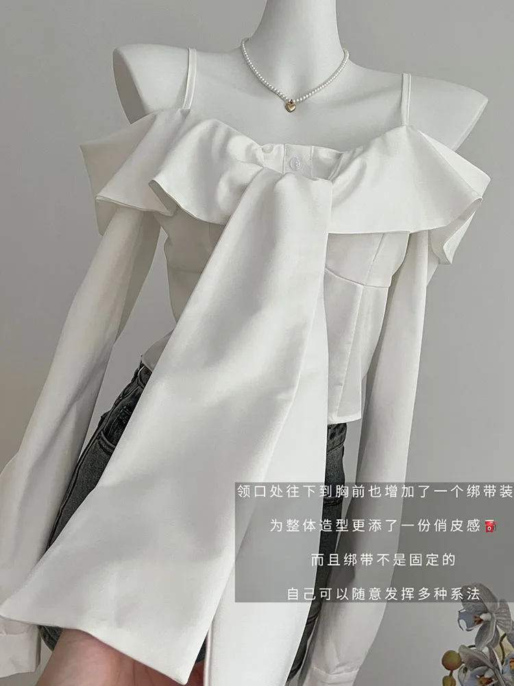 White Chic Slash Neck Halter Top Autumn Women Sweet Kawaii Bandage Bow Shirts French Elegance Sexy Off Shoulder Chiffon Blouses