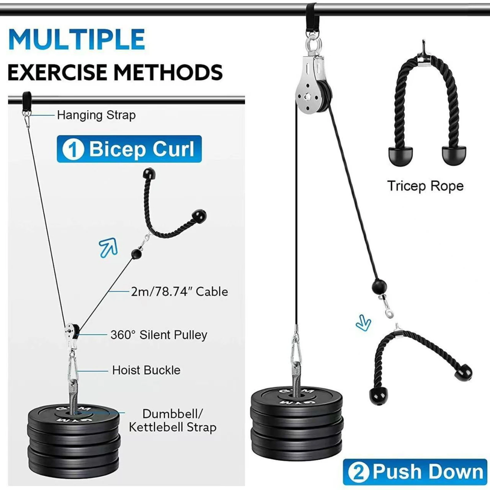 Home Gym Pulley System Smooth Pulley System with Tricep Rope Cable Machine Attachment Kit Heavy-Duty Fitness Equipment Versatile