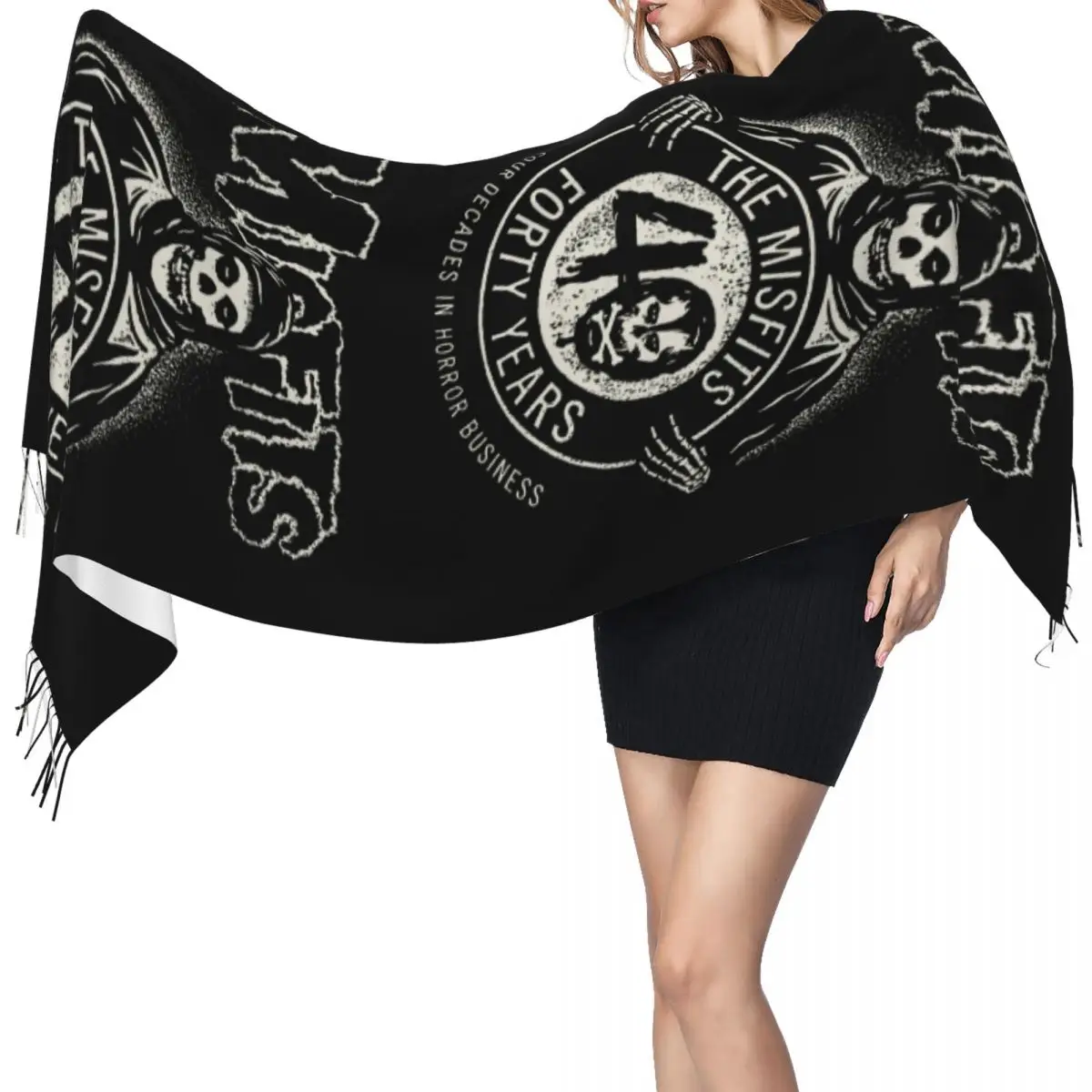 Custom Rock Punk Band Misfits Skull Face Tassel Scarf Women Soft Heavy Metal Shawl Wrap Lady Winter Fall Scarves