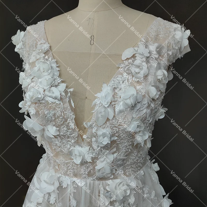 Floral princesa noiva vestido de casamento imagem verdadeira luxo frisado 3d flores com decote em v champanhe sem costas vestido de noiva preço de fábrica