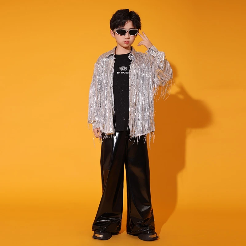 Zilver Jazz Dans Pak Voor Kinderen Prestaties Slijtage Kpop Toneelkostuum Kwastje Shirt Pailletten Shorts Meisje Straat Dansen Show 3395