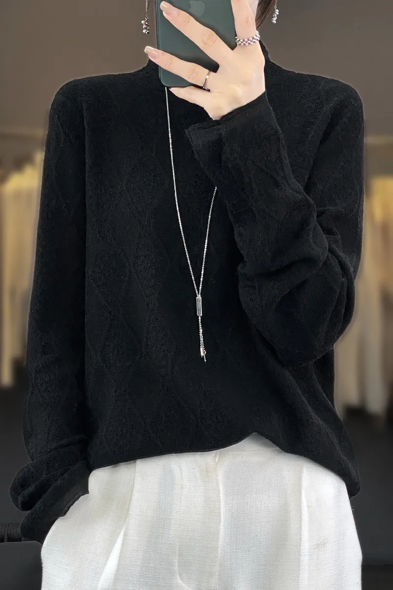 Spring and Summer New High End Fashion Knitted Lace Hollow Long Sleeve Inner Wear Half High Collar Mesh Bottom Top for Women