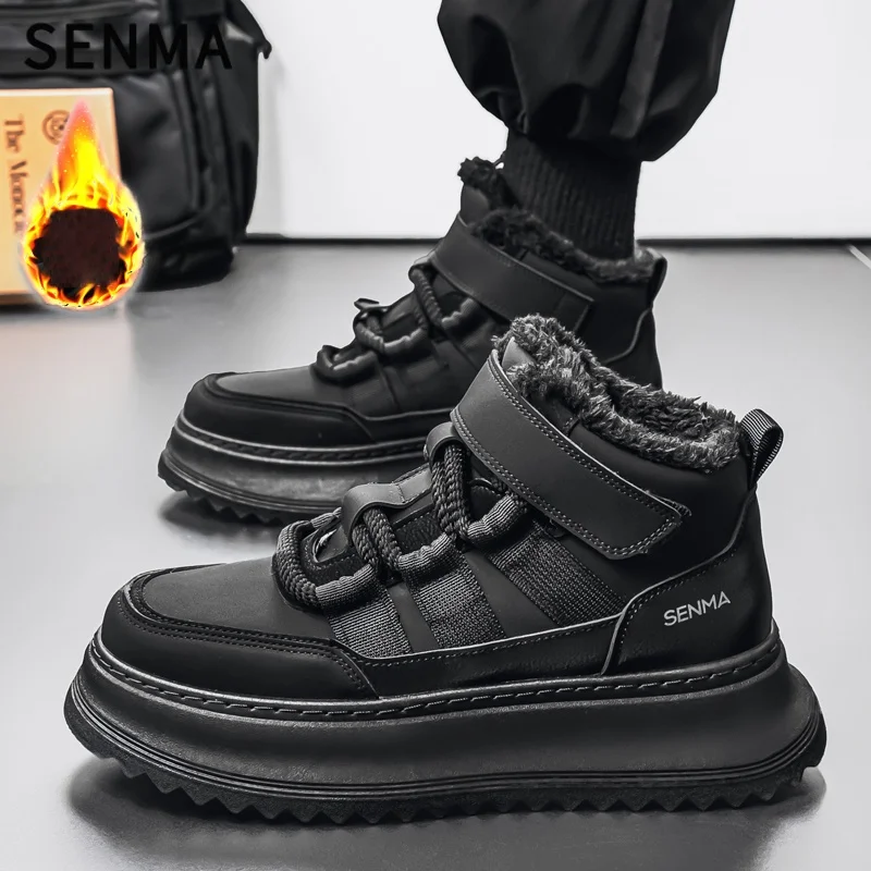 SENMA メンズ ハイカットシューズ 2025年新作 冬用 暖かい スポーツシューズ 厚底 滑り止め カジュアル ボードシューズ 耐摩耗性 ソフトレザー