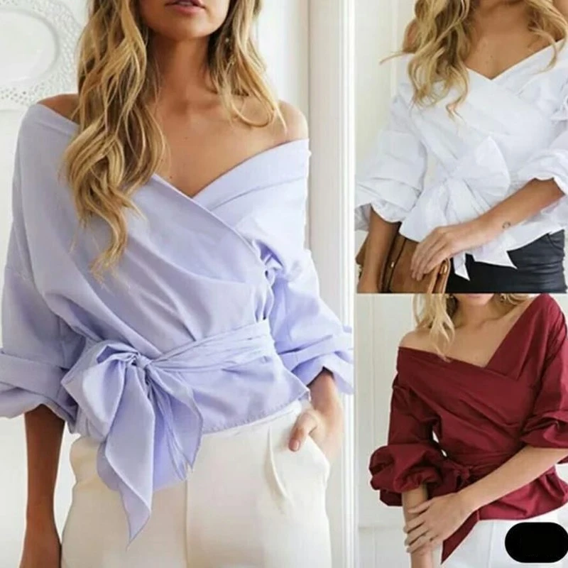 

Slim Sexy Off Shoulder Shirts Women Long Sleeve Bow Tie White Blouse Solid V-Neck Fashion Harajuku Women Tops Y2K Clothes 22122