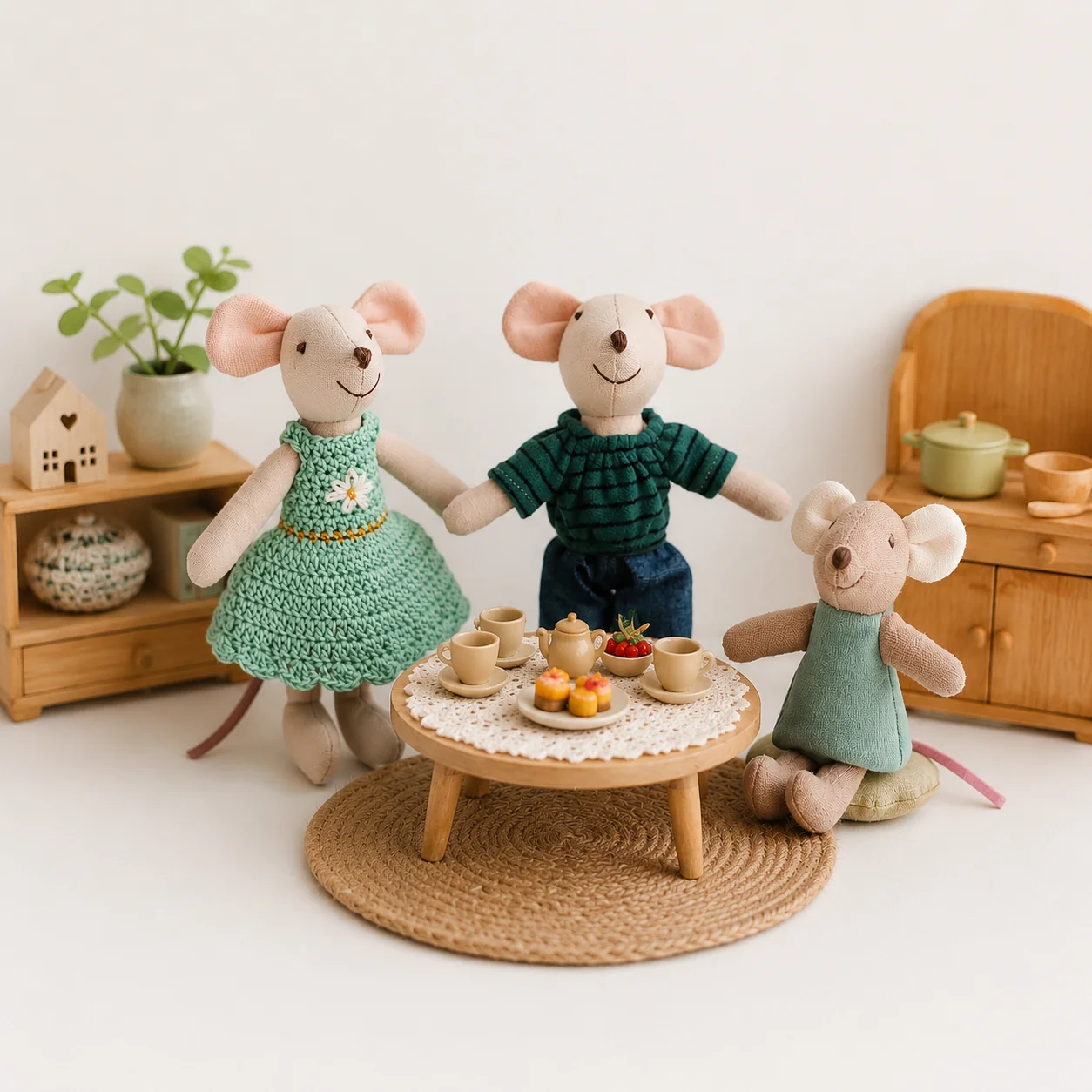 Nordic Style Mouse Family Plush Toy Set Handmade Cloth Mice Dollhouse Miniature Scene Home Decor Kids Gift