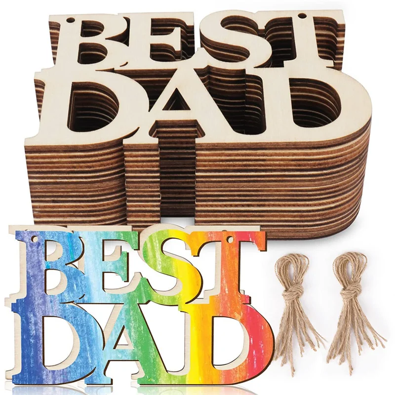 40Pcs Best DAD Unfinished Wood Crafts, Gift Tags with String for Father's Day Gifts, Dad's Birthday Party