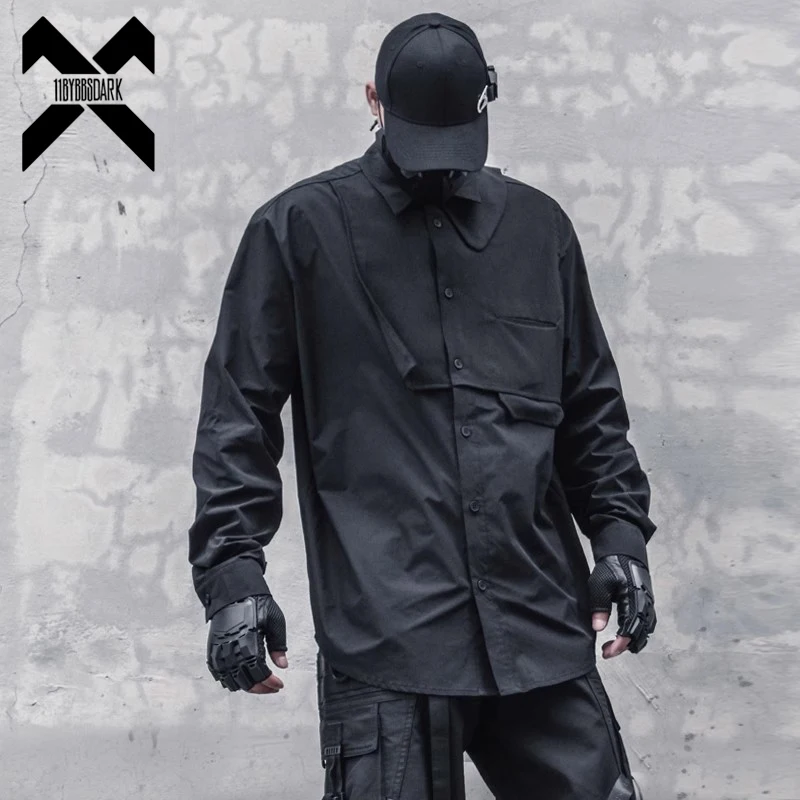 Men Black Long Sleeve Shirts 2023 Summer Tactical Patchwork Shirt Coat Hip Hop Streetwear Men Black Tops Shirts Clothing