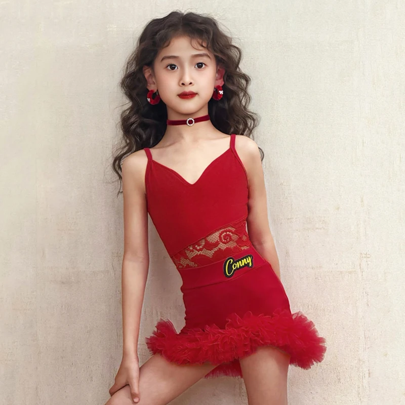 

Red Latin Dance Suit 2025 New Summer Sleeveless Bodysuit Skirt Sets Girl Dance Performance Costume Rumba Samba Stage Wear 1818