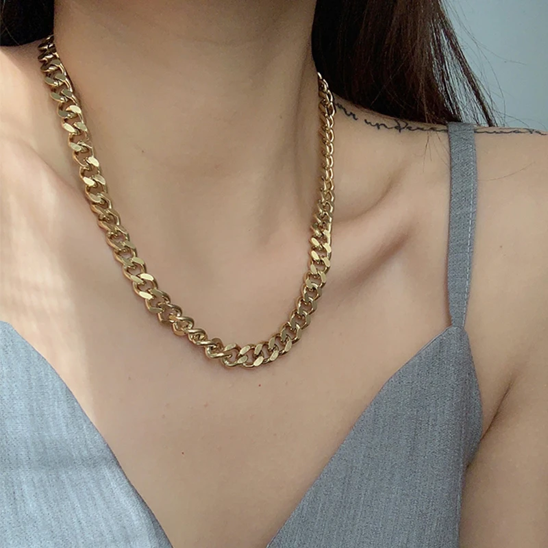Width 3/5/7MM Cuban Stainless Steel Link Chains Necklace for Women Punk Gold Color Stacking Choker Chain on Neck Hip Hop Jewelry