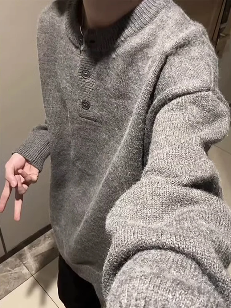 

Трикотаж с воротником Генри, мужской зимний открытый кардиган, ленивый пуловер с v-образным вырезом, теплая внутренняя одежда, базовая одежда, повседневная свободная посадка