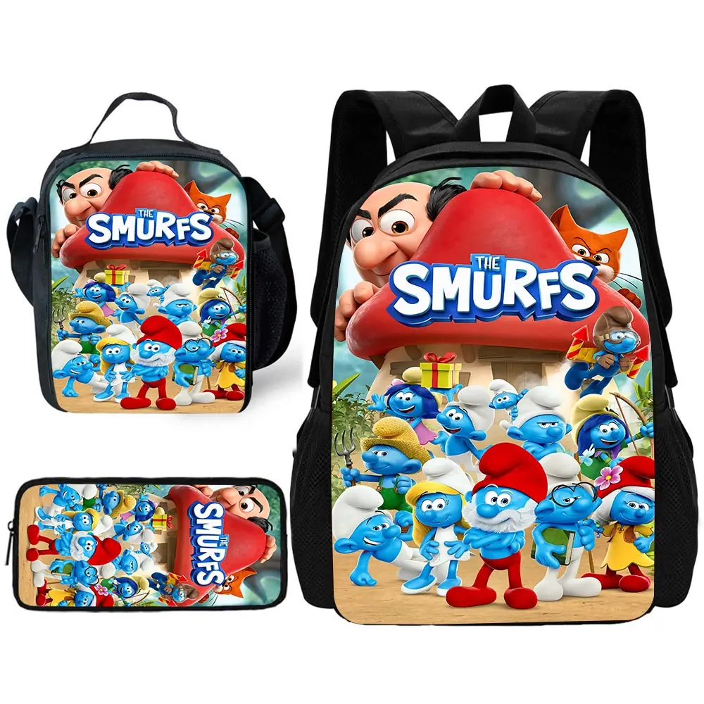 Cute Cartoon Blue Pixie Child School Backpack with Lunch Bags ,Pencil Bags ,S-SmurfsS School Bags for Boys Girls Best Gift