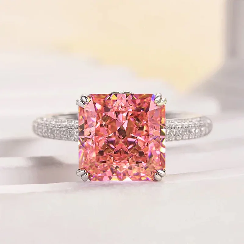 Xiaoyan 100% S925 Silver High Carbon Diamond 9 * 9mm Papalacha Powder Fashion Versatile Ring Ring Exquisite Jewelry