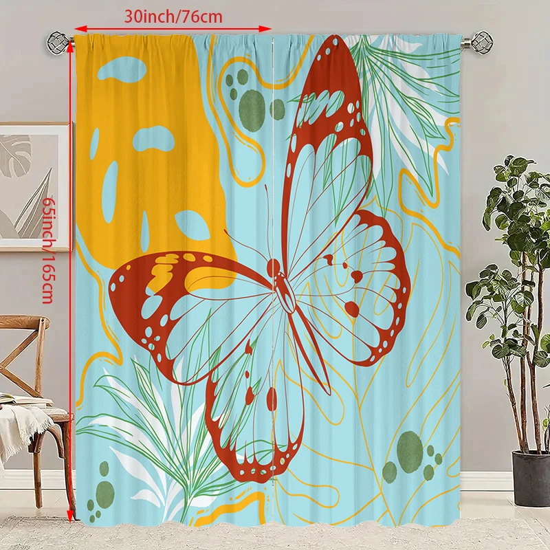 2pcs- Oil painting Butterfly - Printed curtain - Polyester material - suitable for bedroom, living room, study, private space