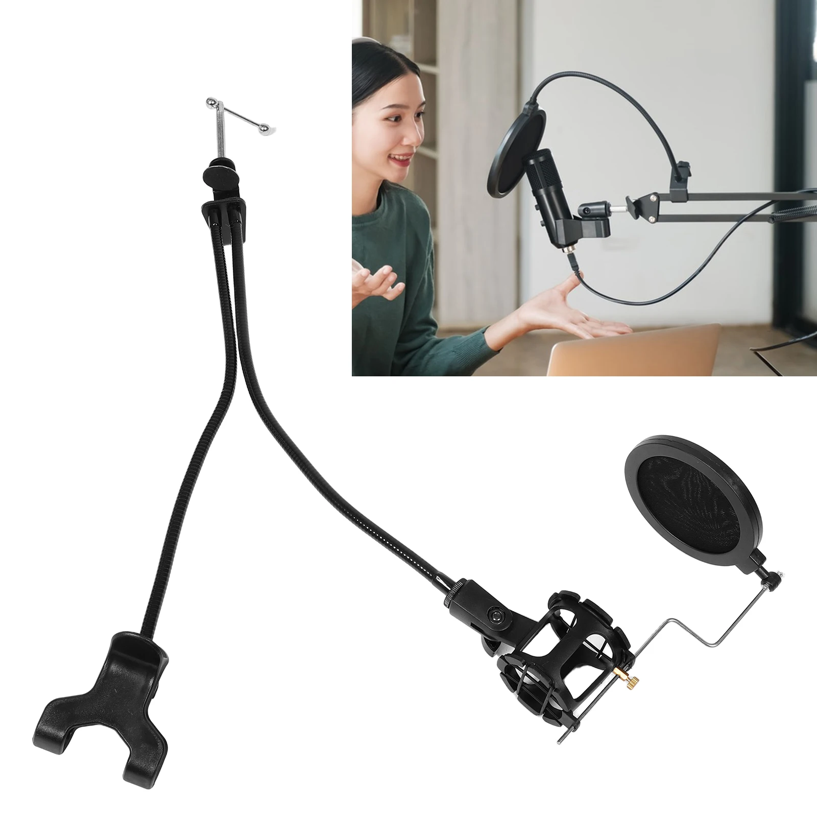 

Dual Gooseneck Phone Live Broadcast Stand Microphone Arm Pop Filter Noise Reduction Desktop Mic Holder Adjustable Rotating