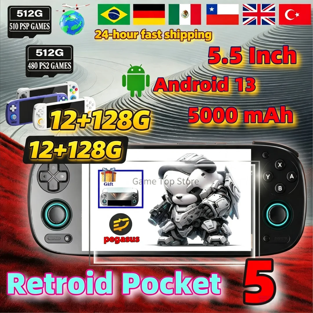 Console de Jogos Retro Portátil Retroid Pocket 5, Consoles de Videogame RP5 SD865 12 128G Android13, Tela OLED HD de 5.5 Polegadas, 512G PSP PS2
