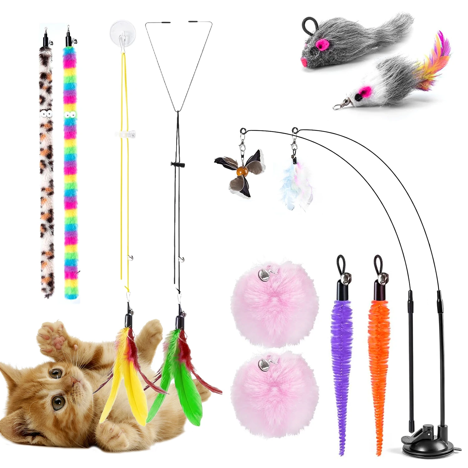 Ensemble de jouets pour chat avec recharges de plumes, 17 pièces, baguette interactive, jouet à suspendre à la porte, ventouse, jouet à ficelle, souris en peluche, vers pour chats d'intérieur