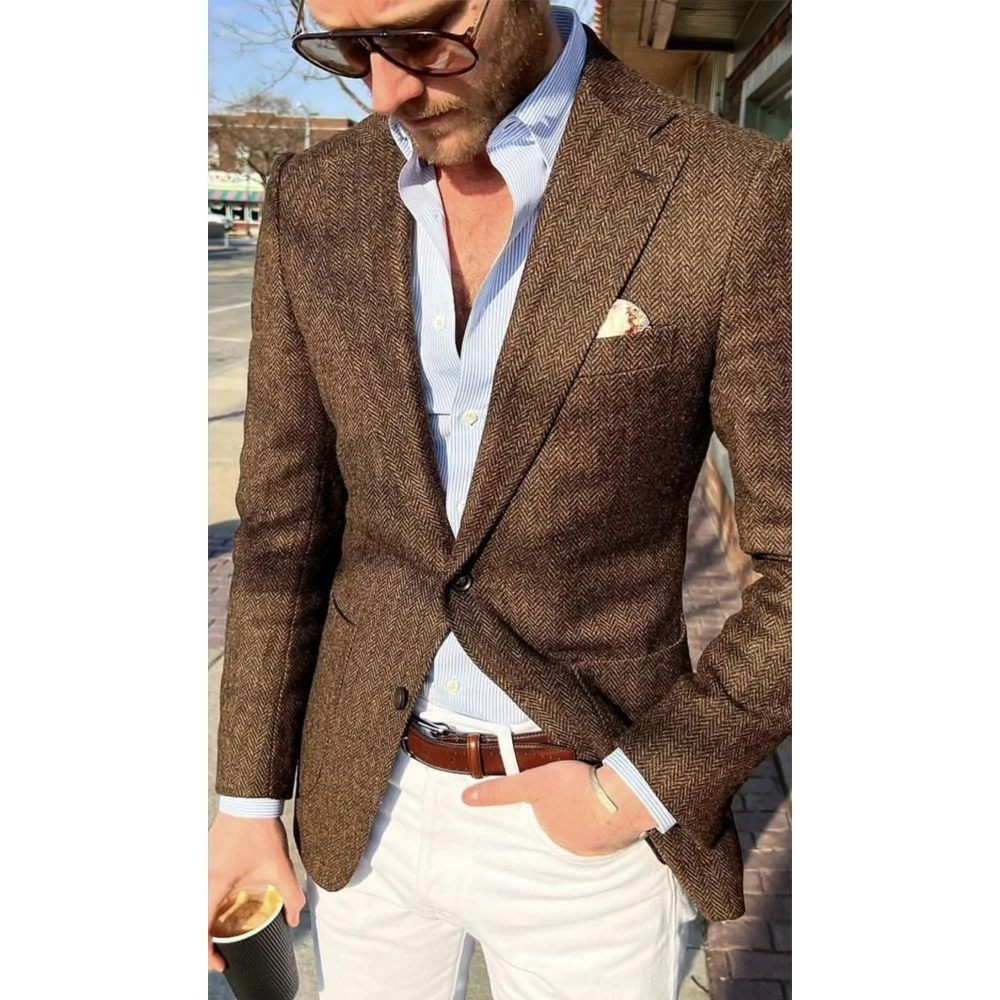 

Мужские повседневные пиджаки: городские блейзеры с отложным воротником, однобортные, из винтажной ткани «ёлочка»