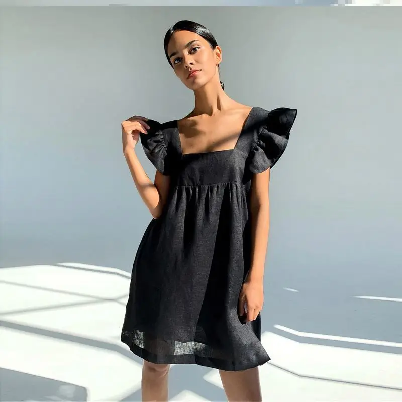 Vestido Casual Amarelo com Mangas em Camadas para Mulheres, Estilo Doce, Botão na Cintura Média, Saia Curta em Cor Pura