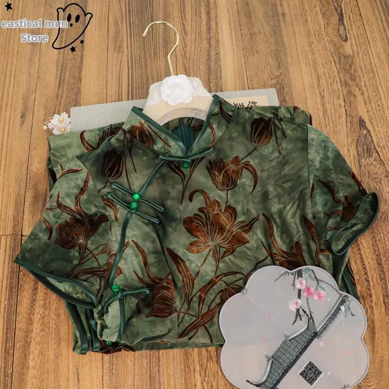 فستان شيونغسام نسائي كبير الحجم بأكمام قصيرة باللون الأخضر من تشيباو أنيق للحفلات المسائية فستان قطيفة مطبوع عليه زهور على الطراز الصيني #2