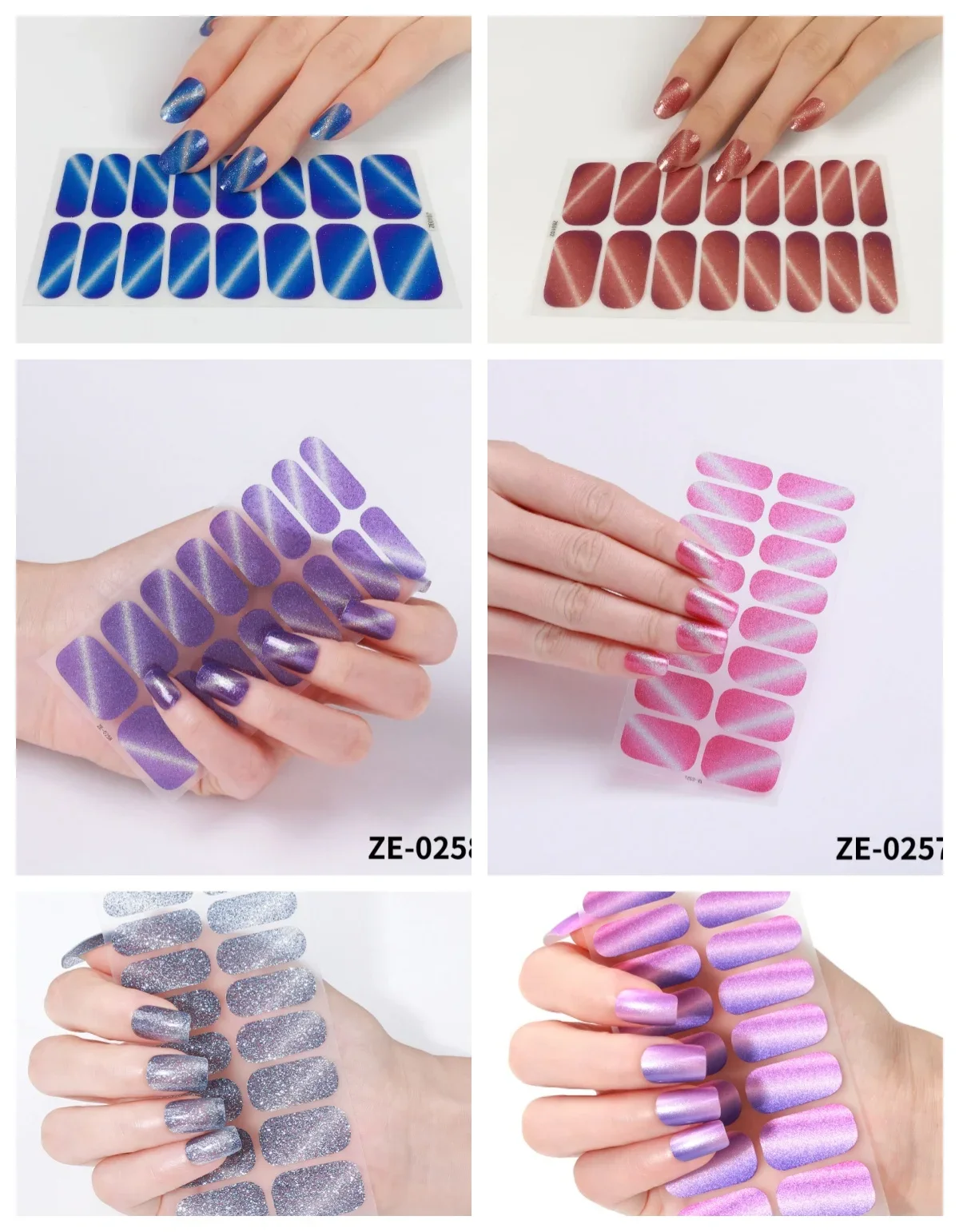 Stiker kuku Gel mata kucing, stiker tahan air payet padat 6 buah satu Set tanpa memanggang lampu dekorasi kuku DIY