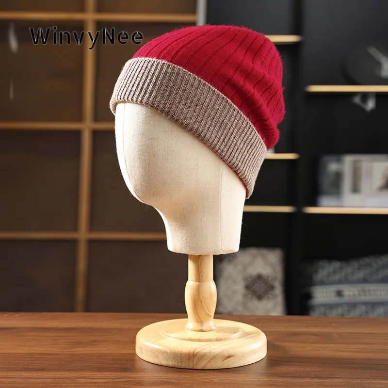 WinvyNee Women’s Pure Wool Two‑Tone Knit Hat Soft Warm Versatile Stylish Daily Headwear Lightweight Spring Autumn ZI1883030