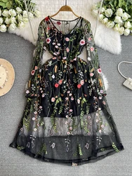 Summer Embroidery Floral Party Women's Dress Sexy Lace Bohemian Flower Embroidered Sundress Vintage Boho Mesh Dresses Vestido