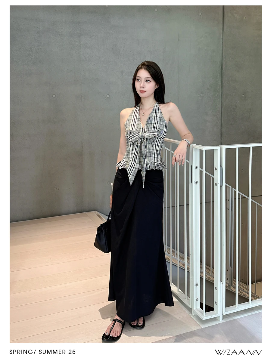 

WizAann Bla Linen Knot f Skirt Women's Summer Long A-Line Gauze Skirt Lightweight Wave Skirt High Waist Casual Sle