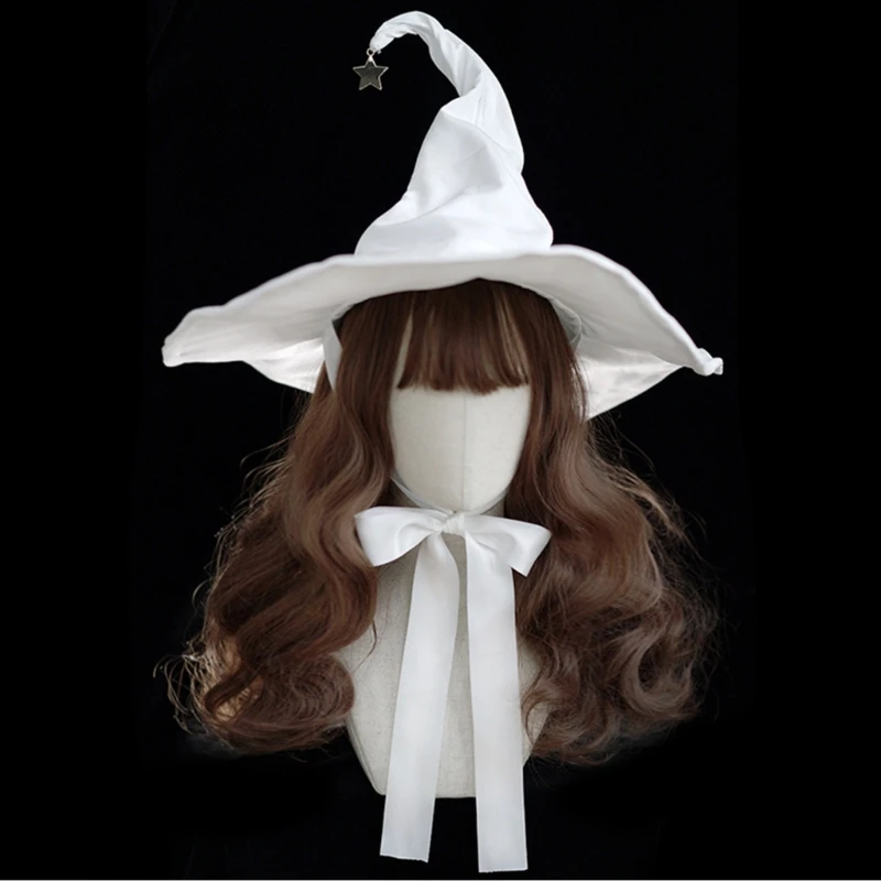 Halloween Pleated Witch Cap Women Lolita Style Lace-up Strap Wizard Hat Cosplay Party Headgear Lady Gothic Witch Hat Photo Props