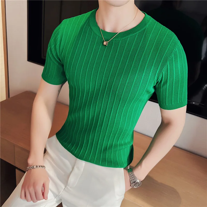 

2023 Summer Knitted Round Neck Short Sleeve Sweater T-shirt Men's Striped Elastic Solid Color Tops Tees Shirt Mens Streetwear