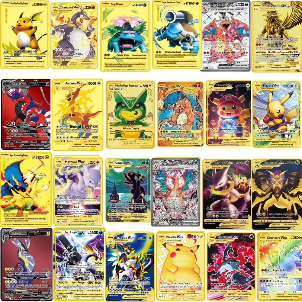 Cartes pokémon en métal, 24 pièces, espagnol/anglais, lettres Pokemon, en fer, Mewtwo Pikachu Gx Charizard Vmax Cartas pokem