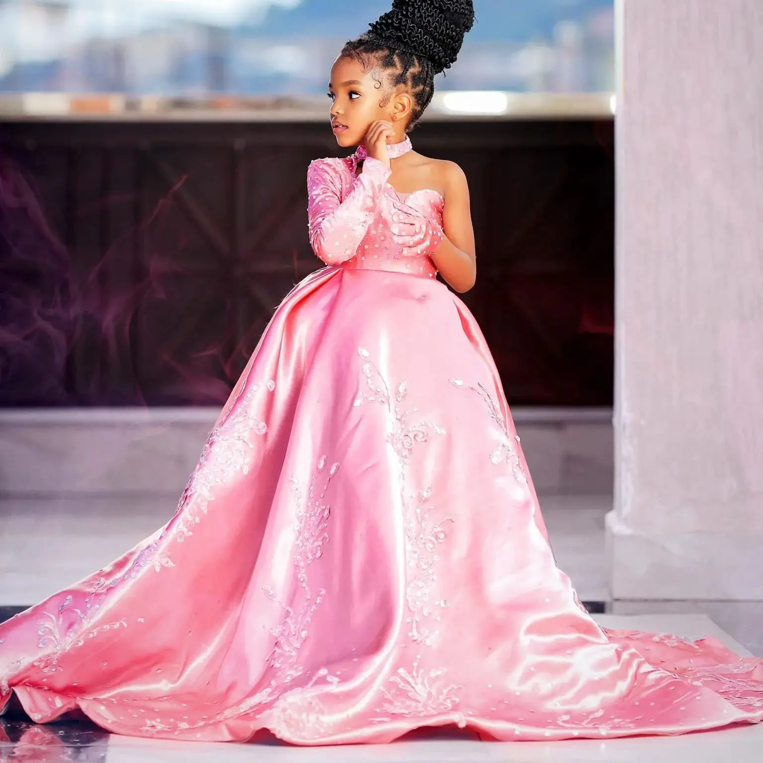 

Розовое платье с цветочным узором для девочек по индивидуальному заказу на свадьбу, на одно плечо, детское платье принцессы с бисером для фотосессии на день рождения