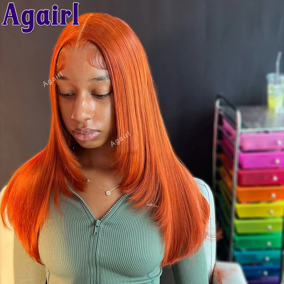 Perruque Lace Closure Wig Naturelle Lisse Orange, 13x6, 13x4, 5x5, Densité 200%, pour Femme Africaine